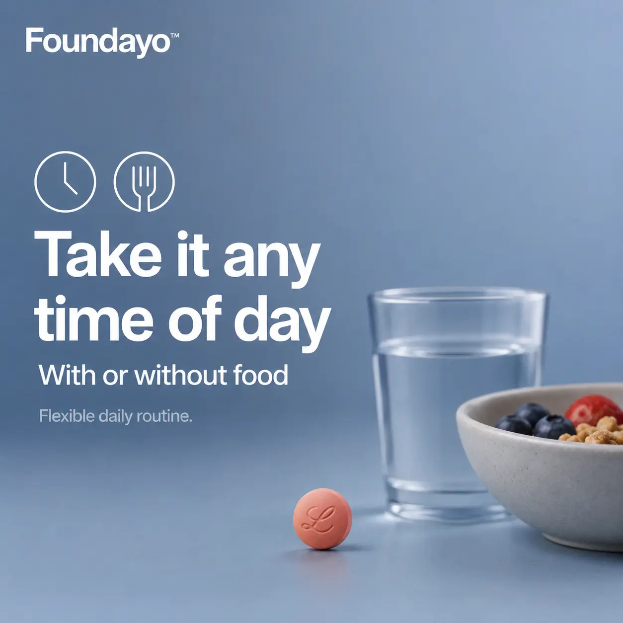 Foundayo tablet beside a glass of water and a breakfast bowl — take it any time of day, with or without food