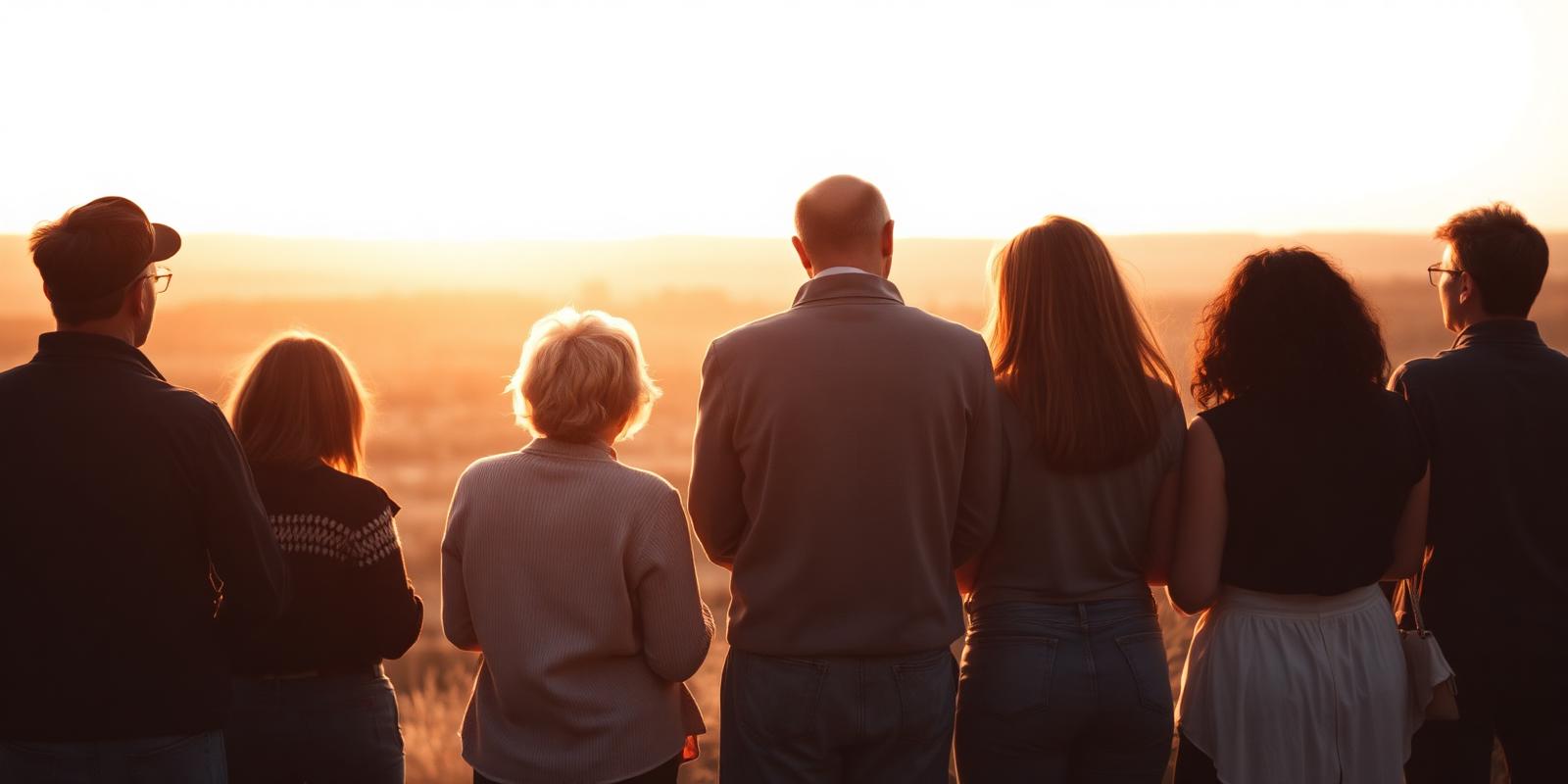 A group of adults photographed from behind looking out over an open landscape at sunset