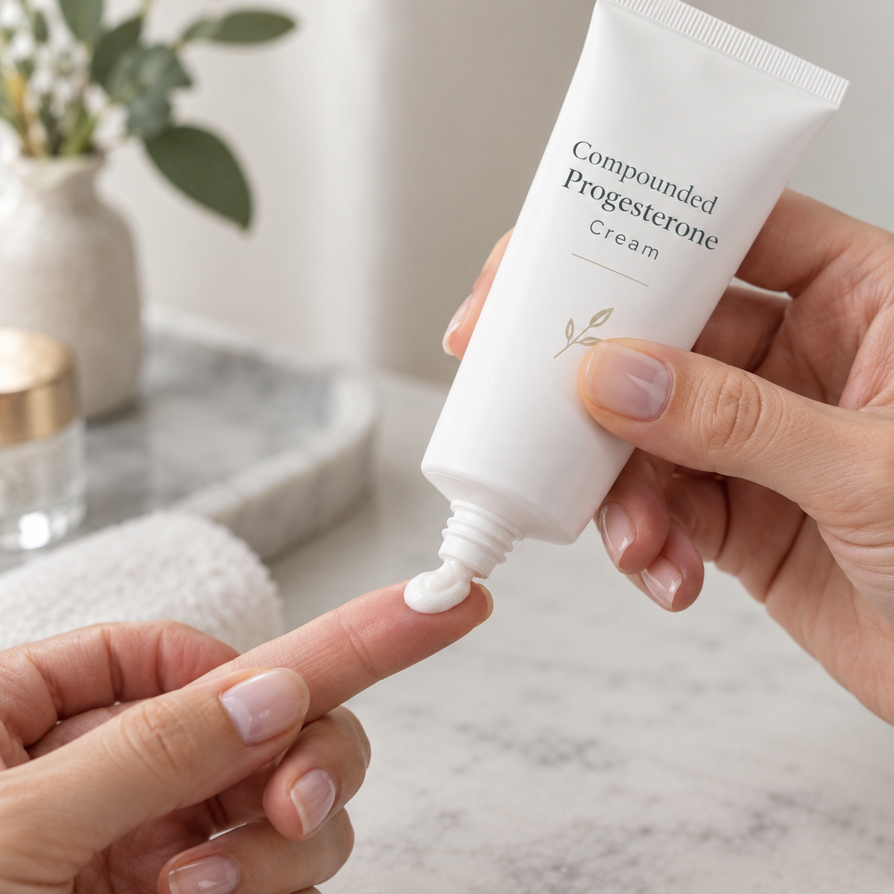 A small amount of progesterone cream on a fingertip