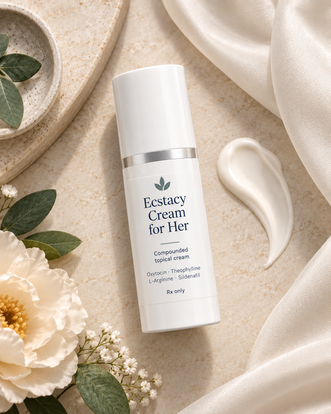 Ecstacy Cream for Her bottle and dispensed cream