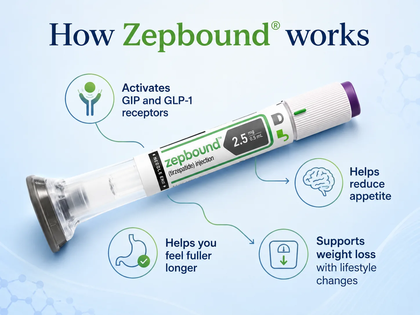 Diagram of how Zepbound activates GIP and GLP-1 receptors