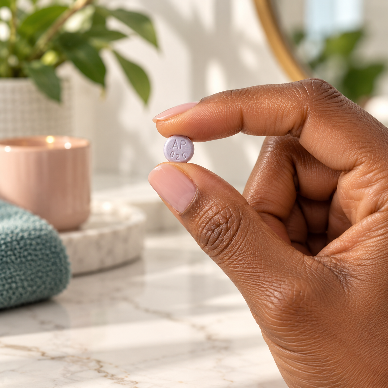 Hand holding a lavender estradiol tablet (illustrative tablet imagery)