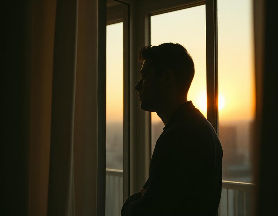 A man looking out a window at sunrise — lasting longer during intimacy