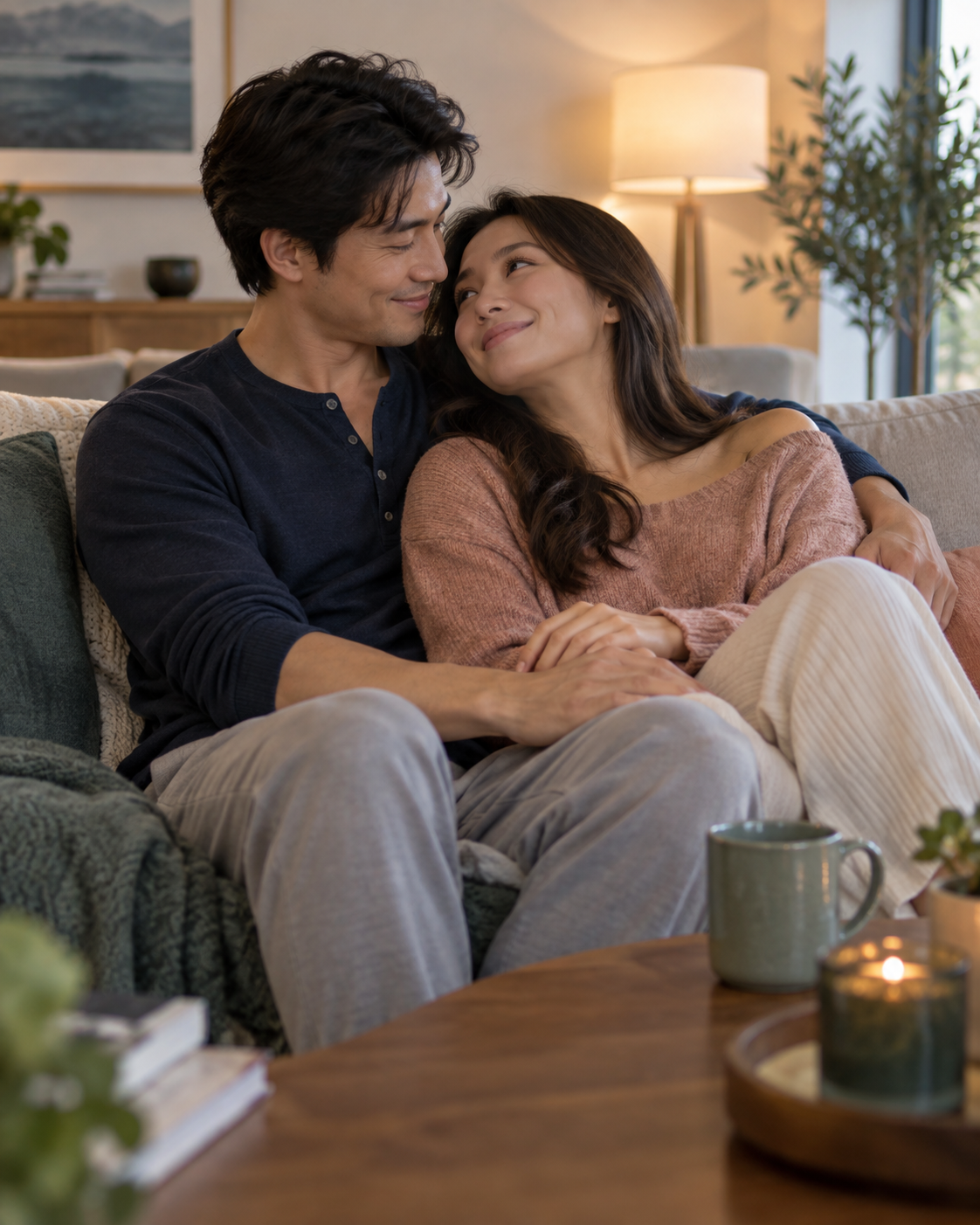 Couple relaxing together on a sofa at home