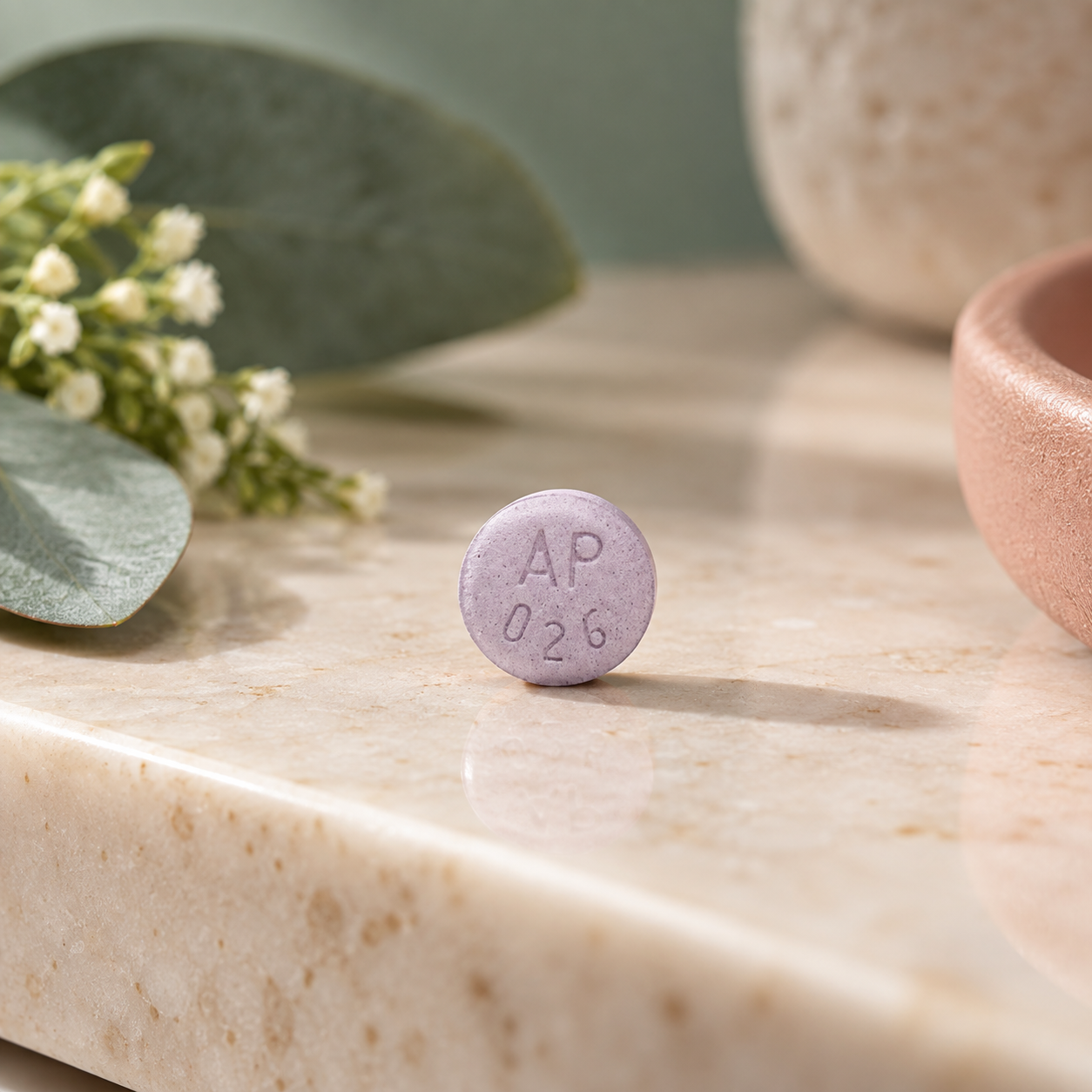 Close-up of a lavender estradiol tablet on marble with eucalyptus (illustrative tablet imagery)