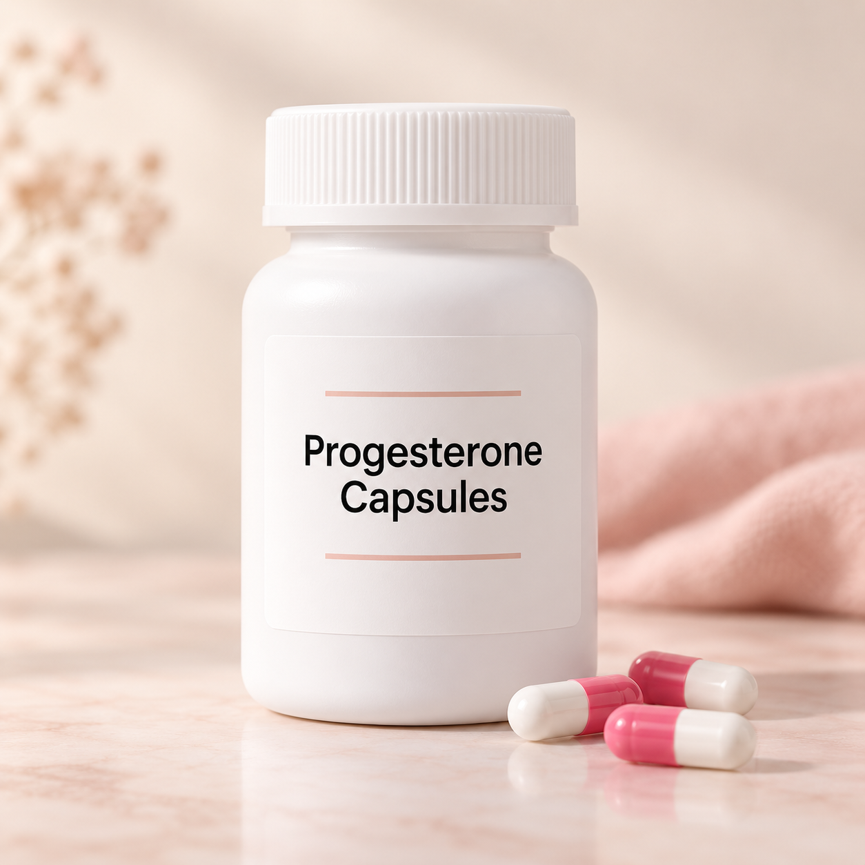 Generic white bottle labeled Progesterone Capsules with pink and white capsules