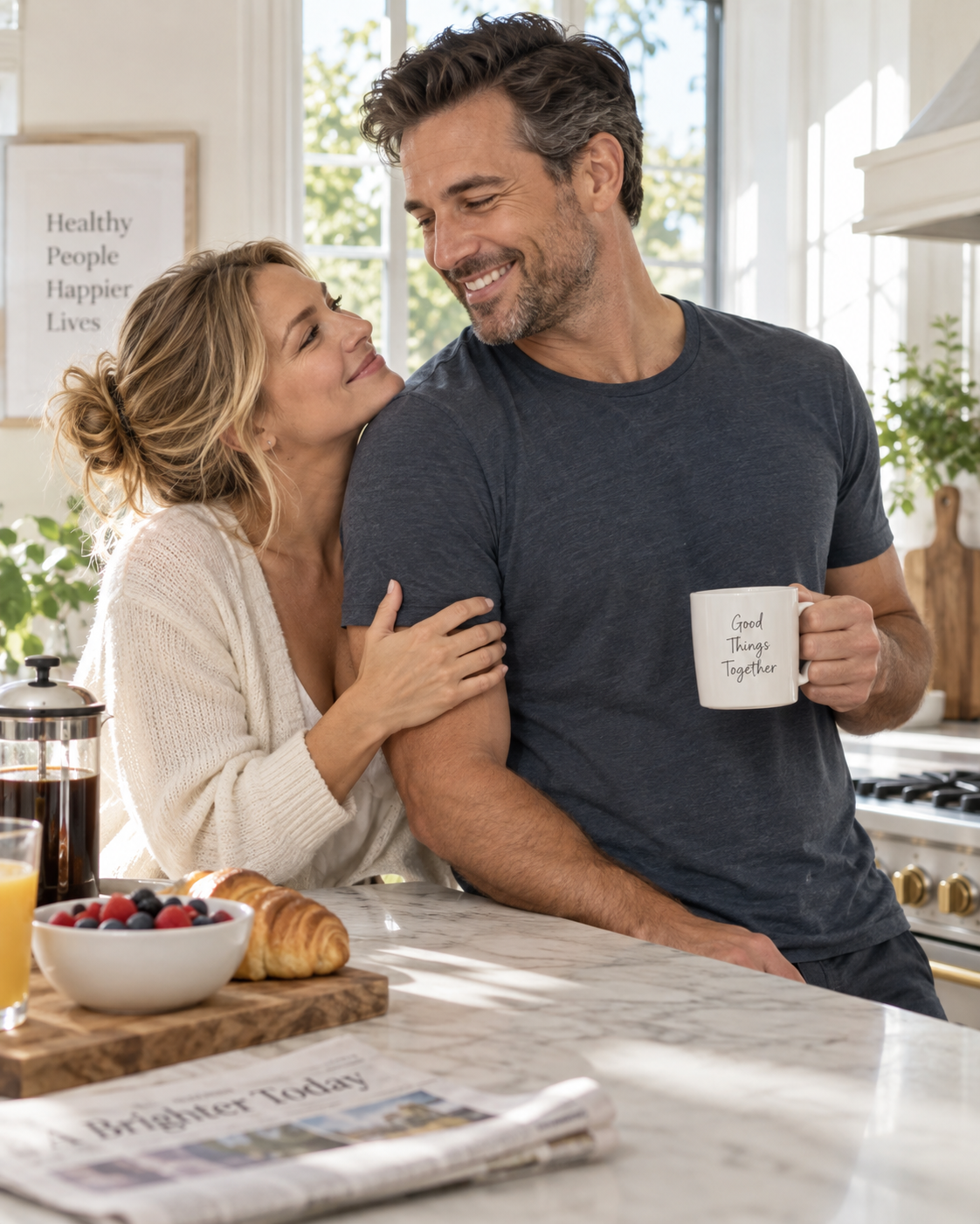 Couple sharing coffee together in a bright kitchen