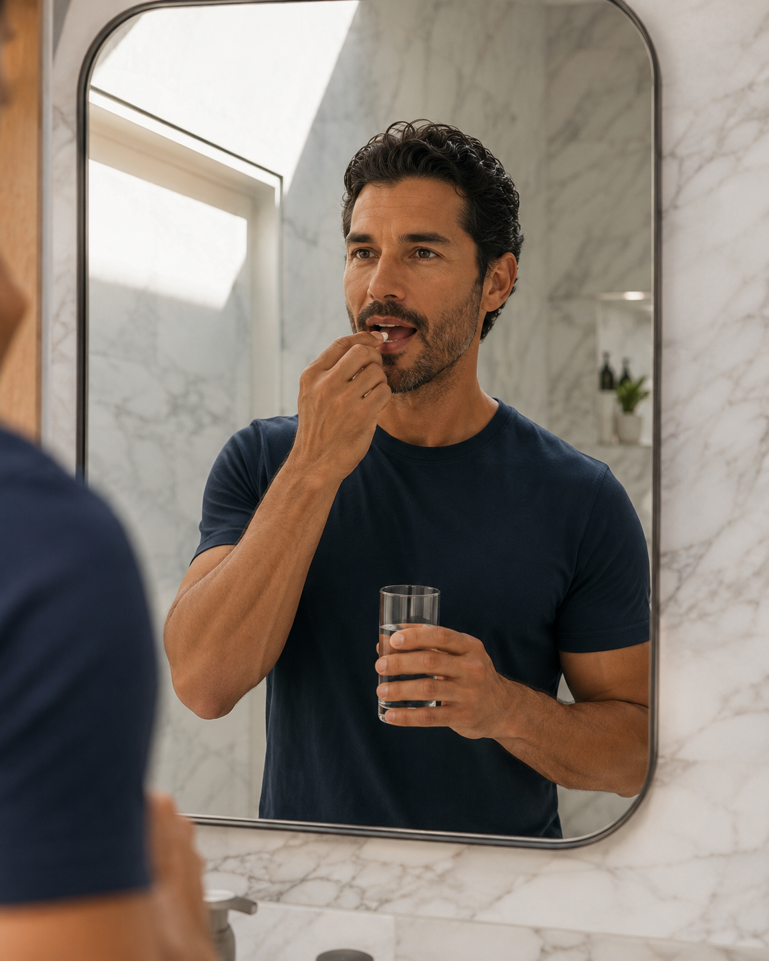 Man at home reflecting on his weight-loss progress