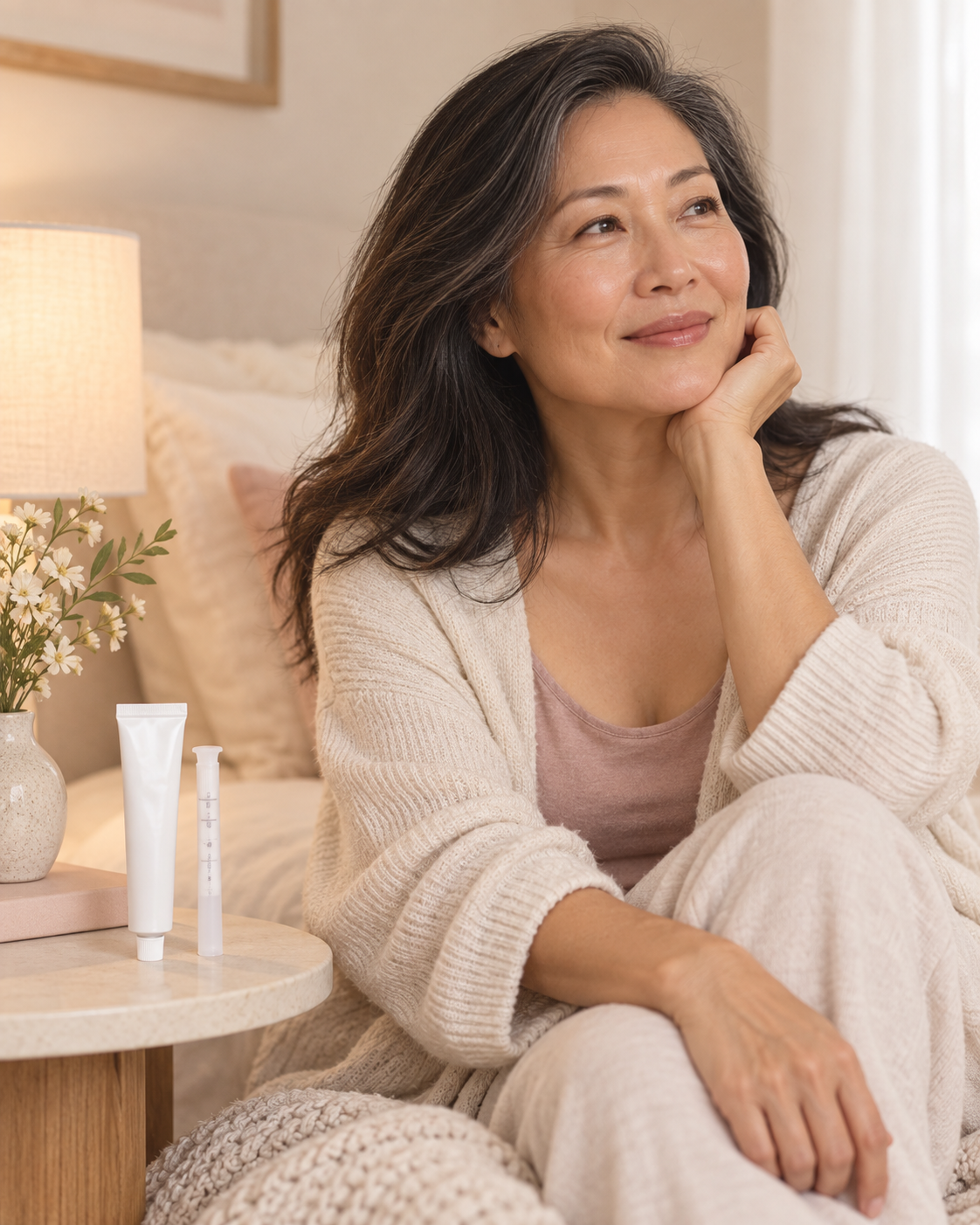 Woman seated at home beside a cream tube and dosing applicator