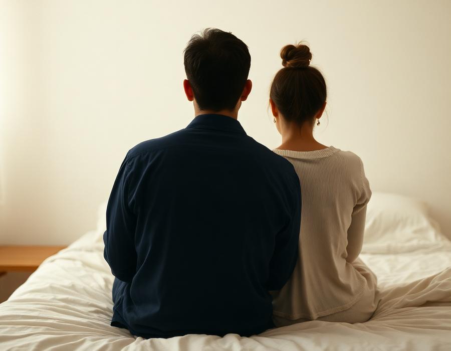A couple sitting quietly together on a bed, seen from behind — low desire care