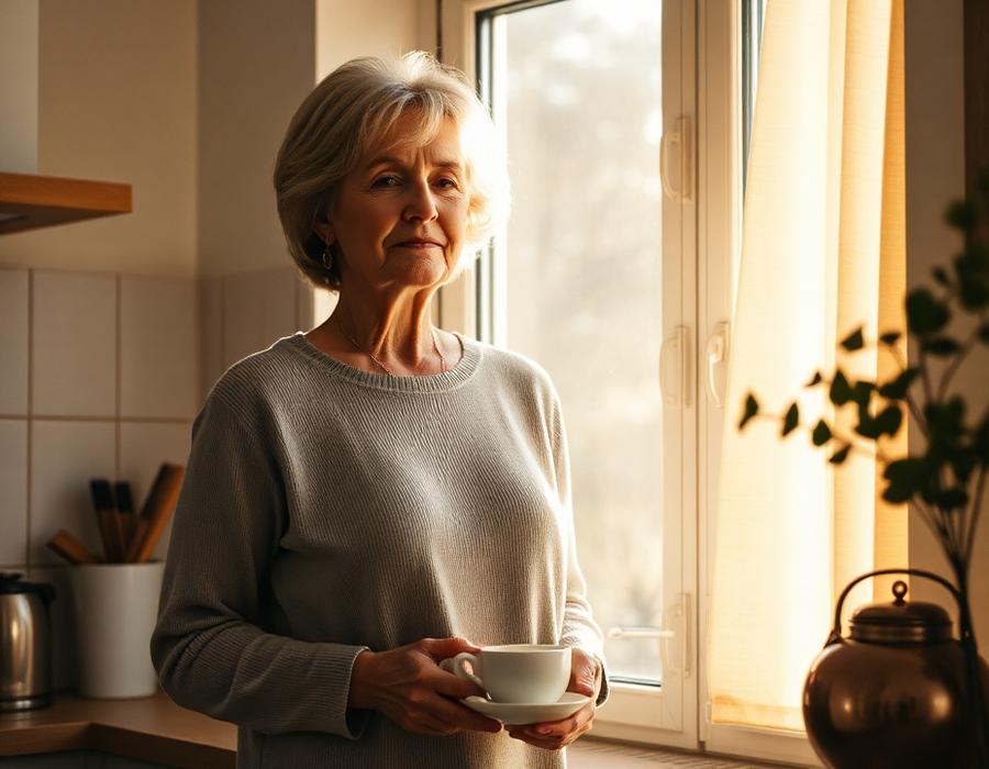 A woman standing at a sunlit kitchen window holding tea — menopause and hormonal change care