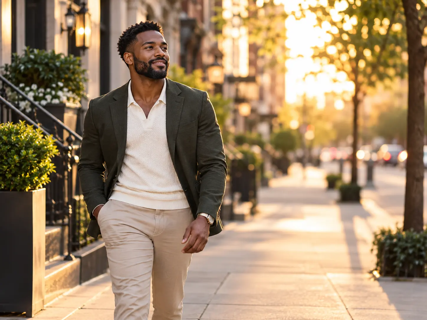 Confident man walking down a sunlit street