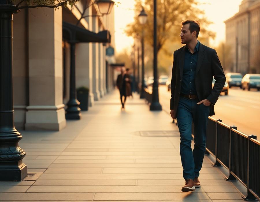 A man walking confidently along a city street — confidence and performance care