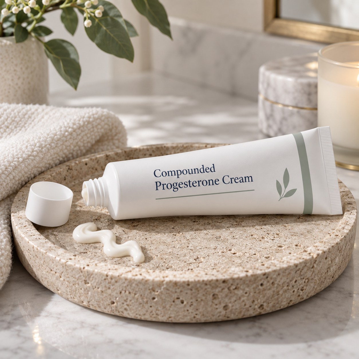 Progesterone cream tube on a stone tray