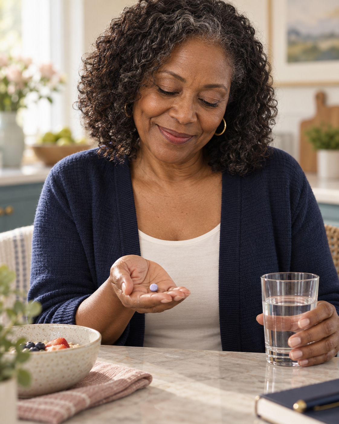 Woman holding an estradiol tablet and a glass of water at a kitchen counter (illustrative tablet imagery)
