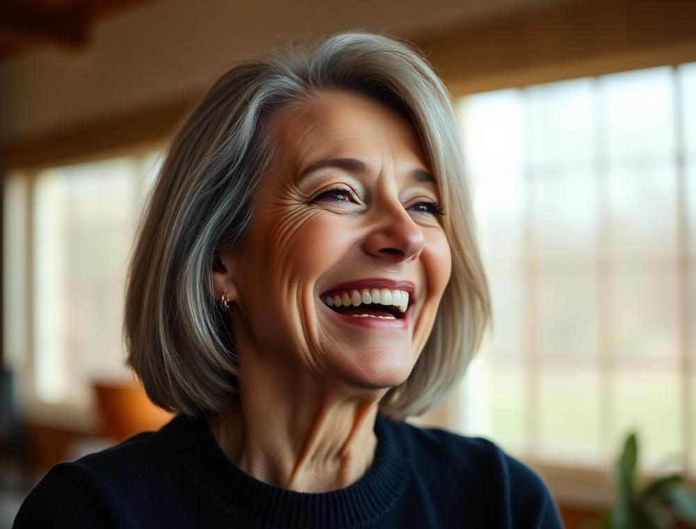 A woman in her fifties laughing in natural light at home