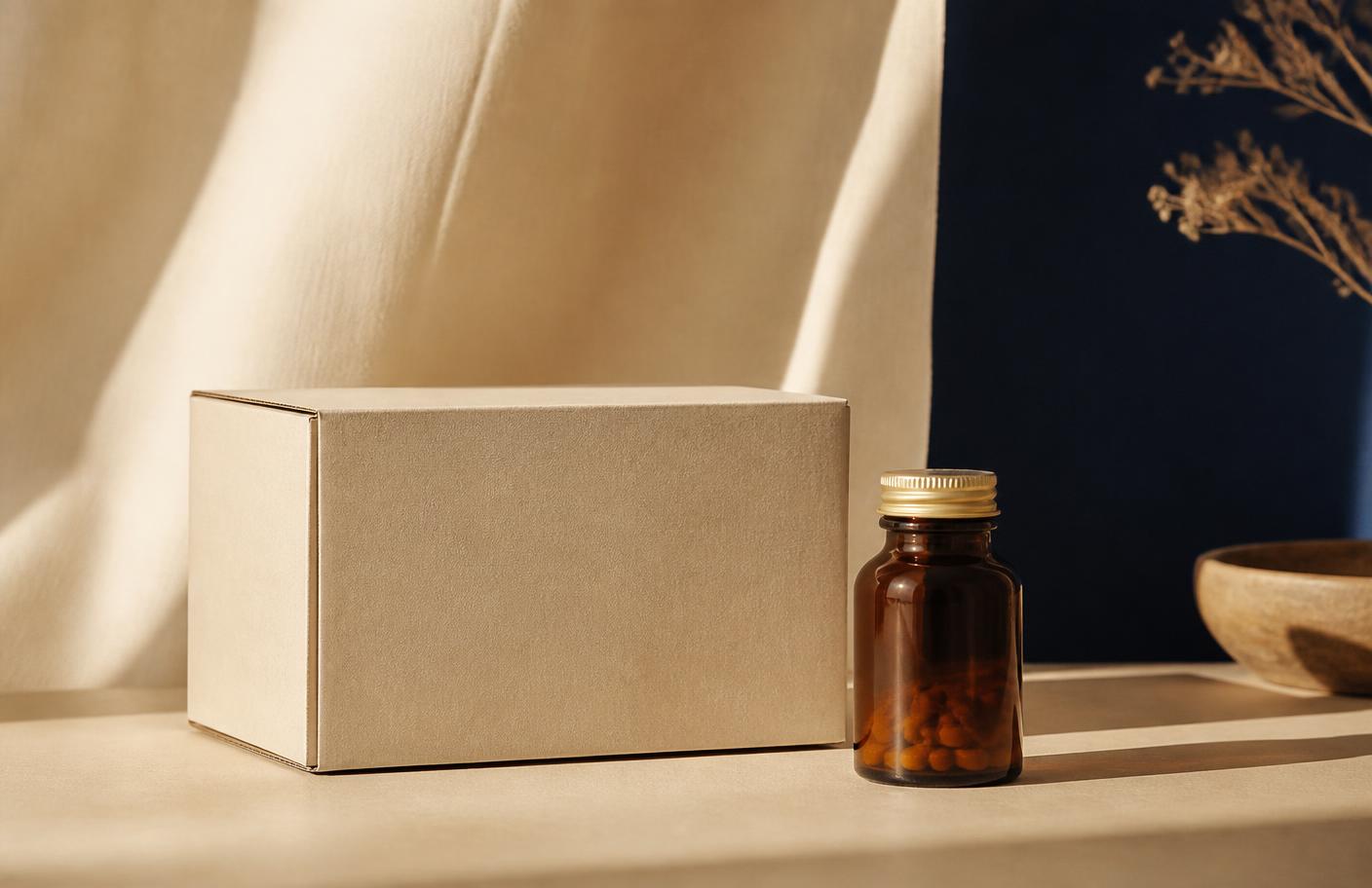 A plain unmarked shipping box beside an amber medication bottle on a cream surface