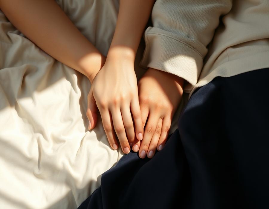 Two people's hands resting together on a bed — get and keep an erection