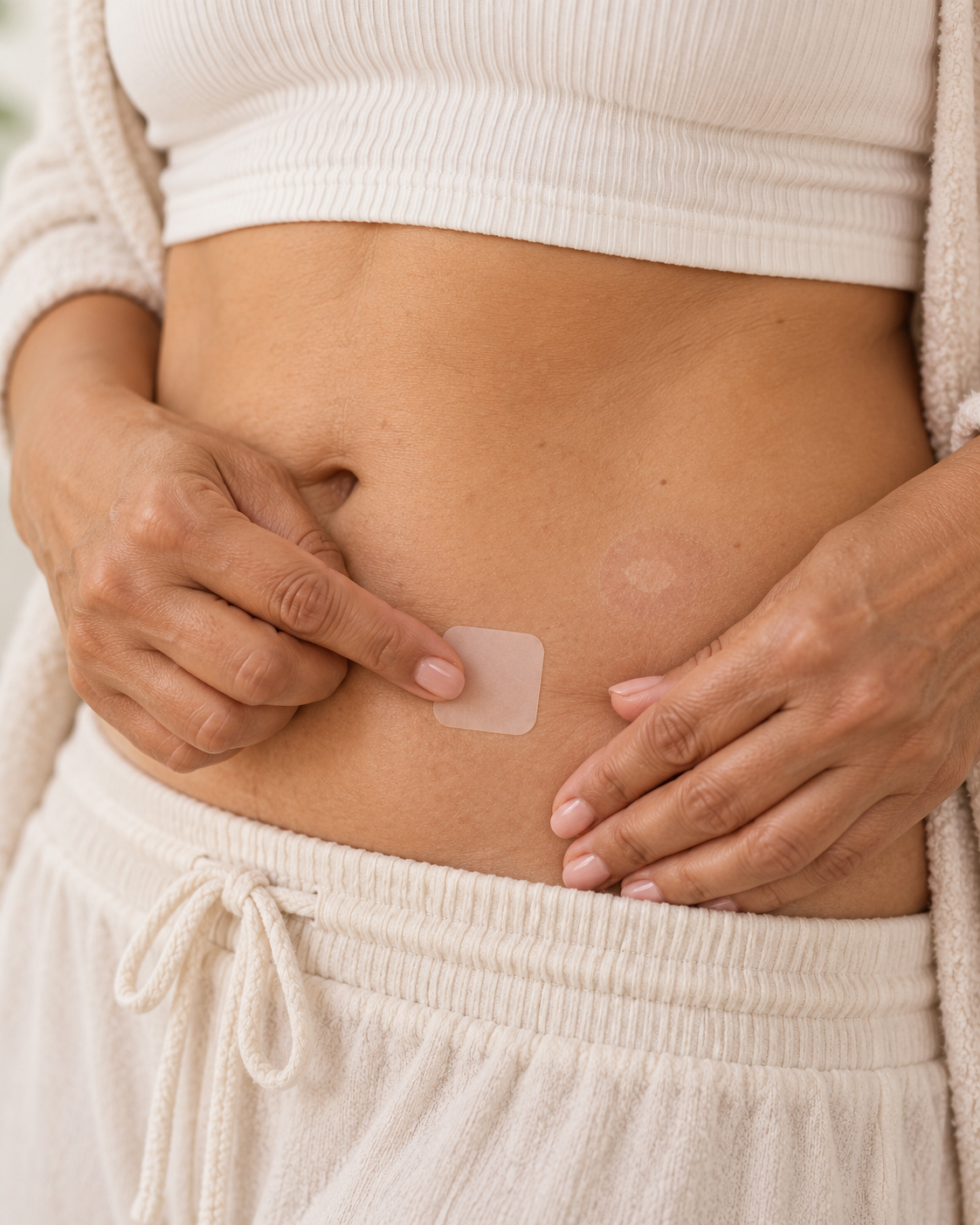 Close-up of a woman placing a small transdermal patch on clean, dry abdominal skin
