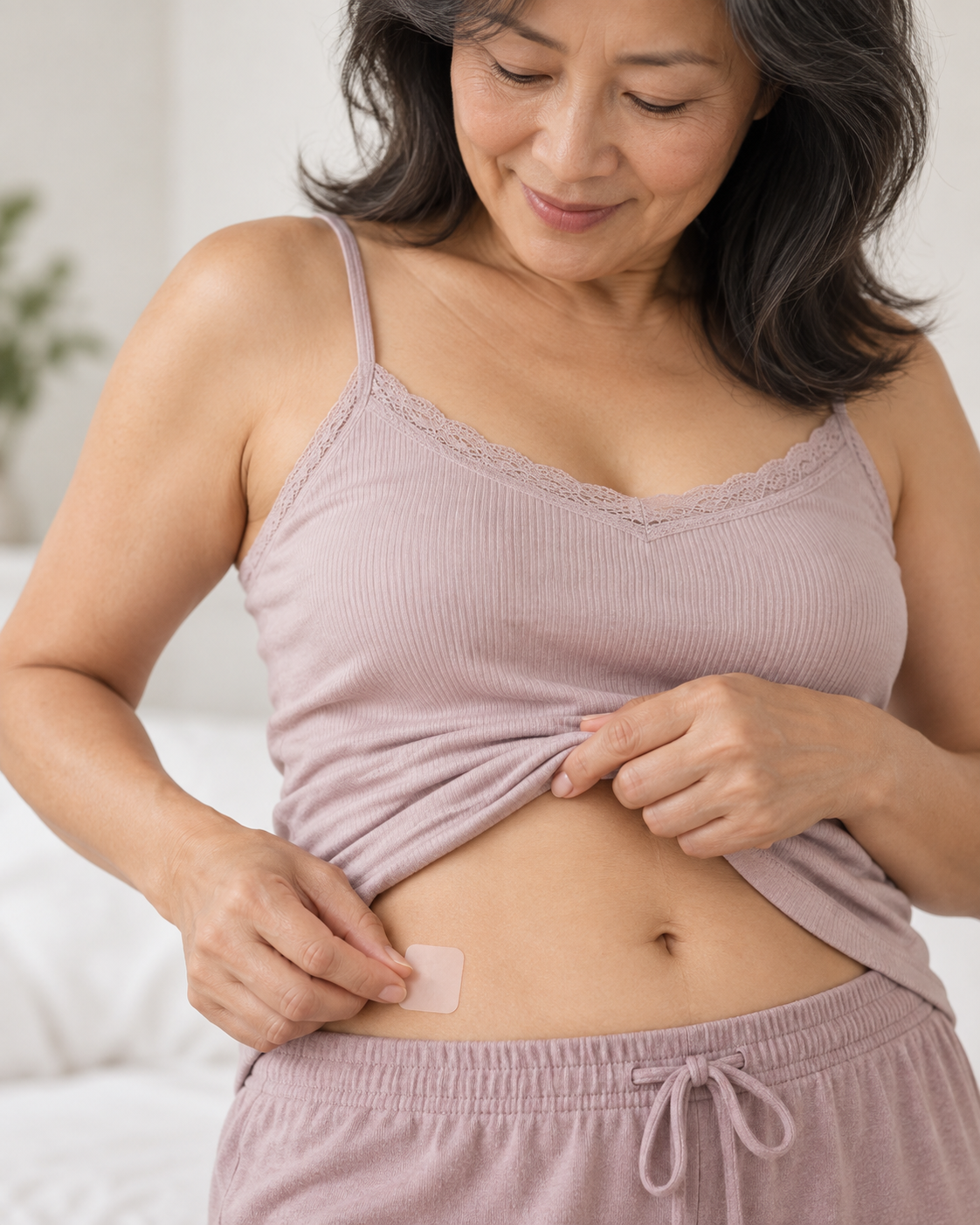 Woman in mauve loungewear applying a small estradiol patch to her lower abdomen