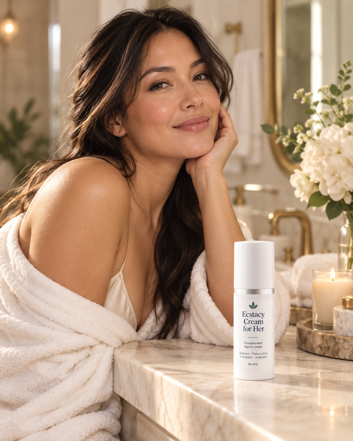 Woman in a robe beside Ecstacy Cream for Her