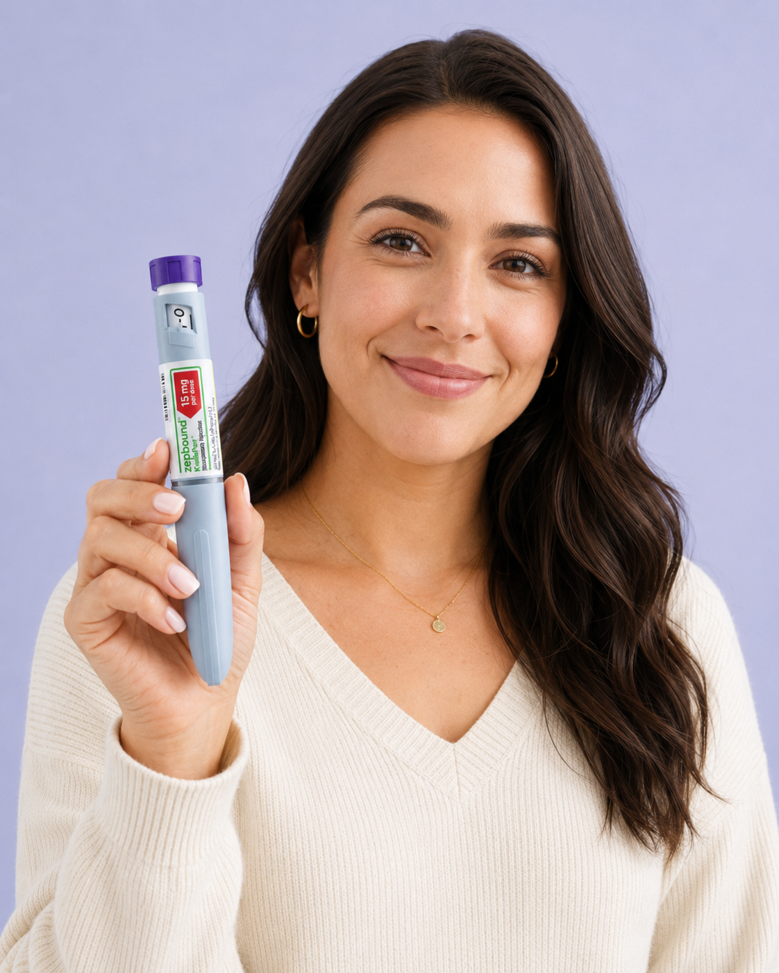 Smiling woman holding her Zepbound KwikPen