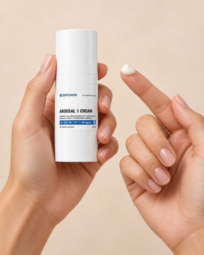 Hands demonstrating topical Arousal Cream application