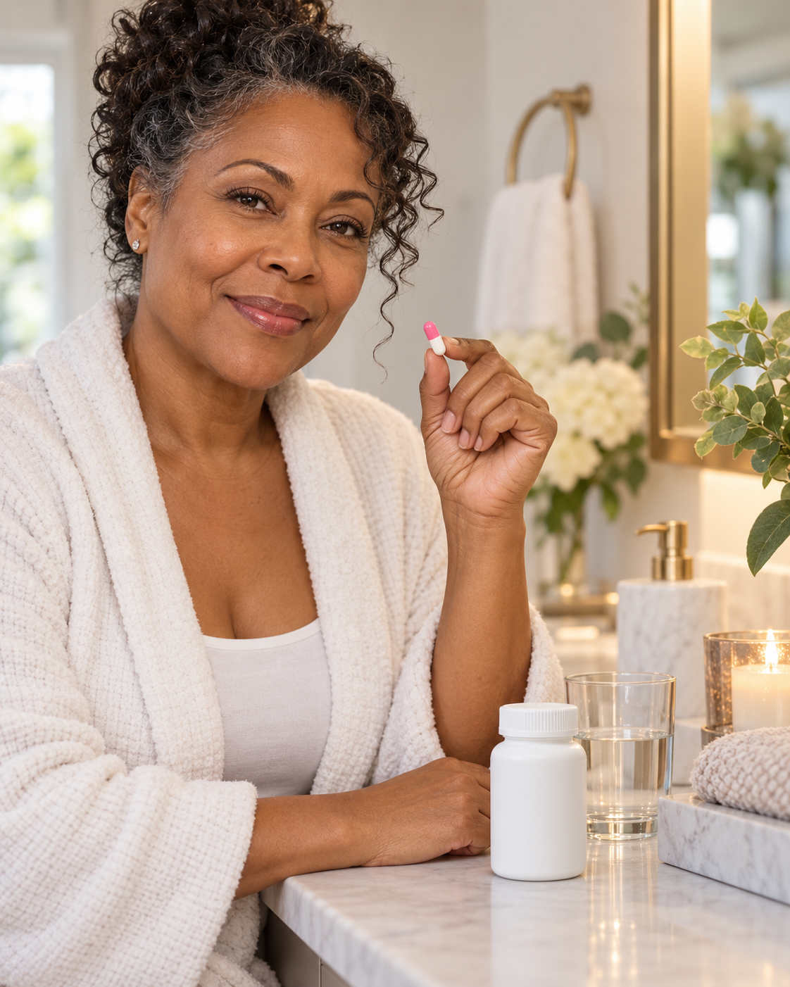 Woman holding a capsule in a calm bathroom setting with water and an unbranded bottle