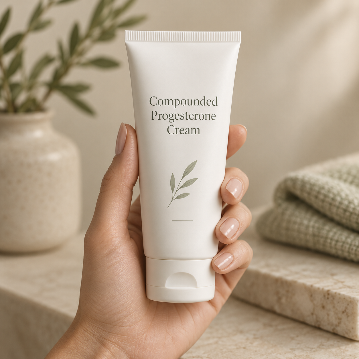 Hand holding a compounded progesterone cream tube