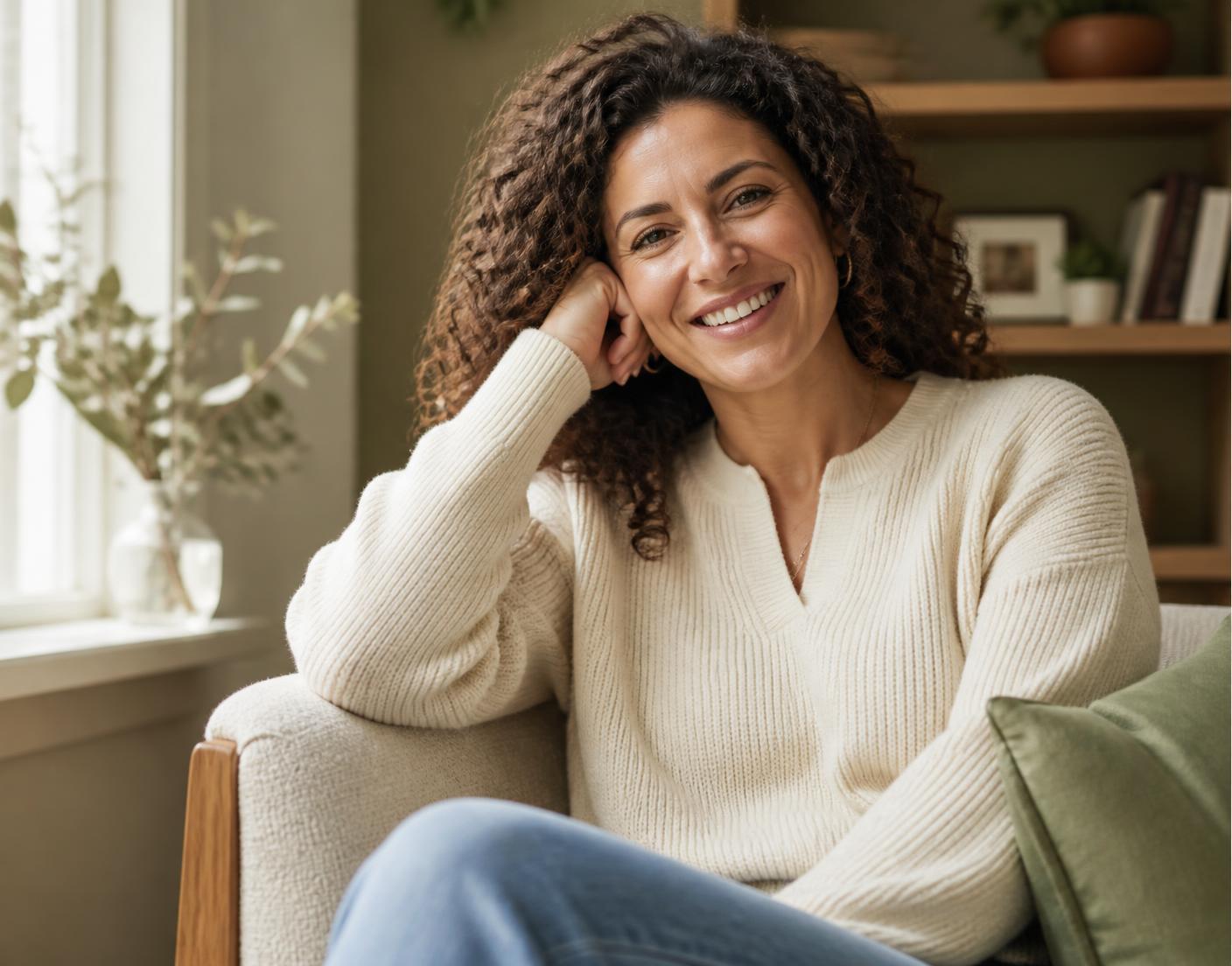 An adult sitting in warm window light at home, relaxed and smiling