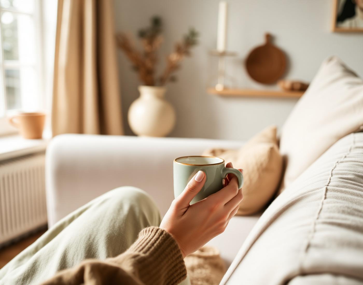 A person resting at home with a warm mug, in soft natural light