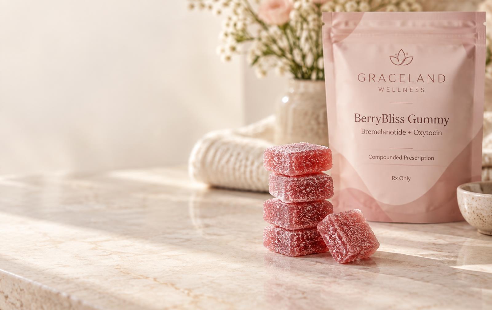 Pink BerryBliss gummies beside their compounded prescription pouch