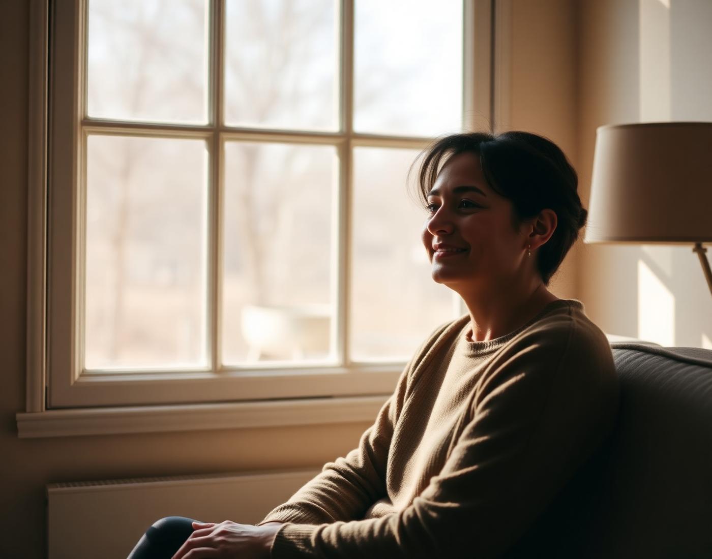 A person sitting by a sunlit window at home, looking calm and hopeful