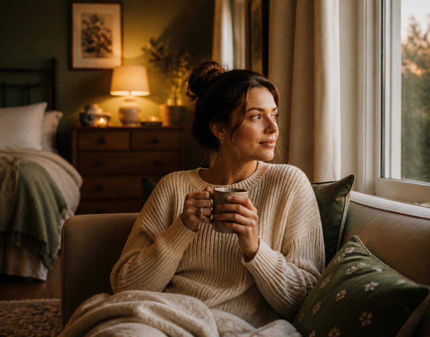 A person wrapped in a warm blanket holding a mug in soft evening lamplight at home