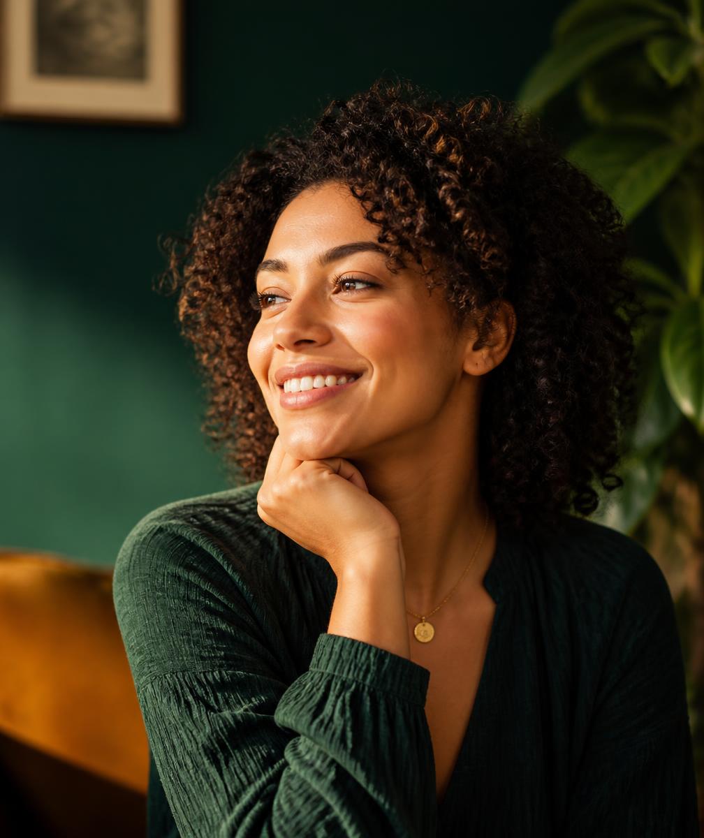 Smiling person relaxing at home