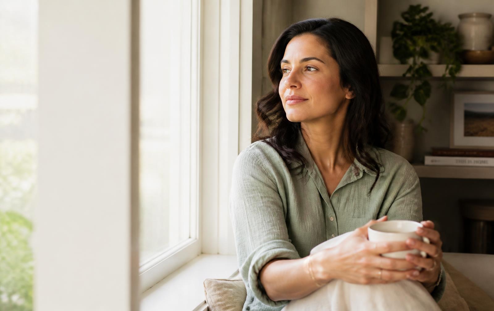 Person resting by a sunlit window with a warm mug at home