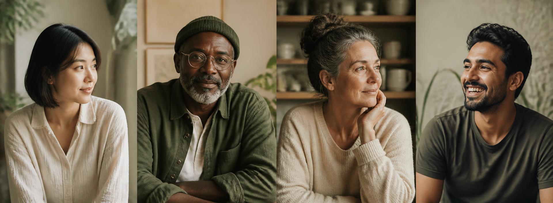 Four adults of different ages and backgrounds in calm portraits