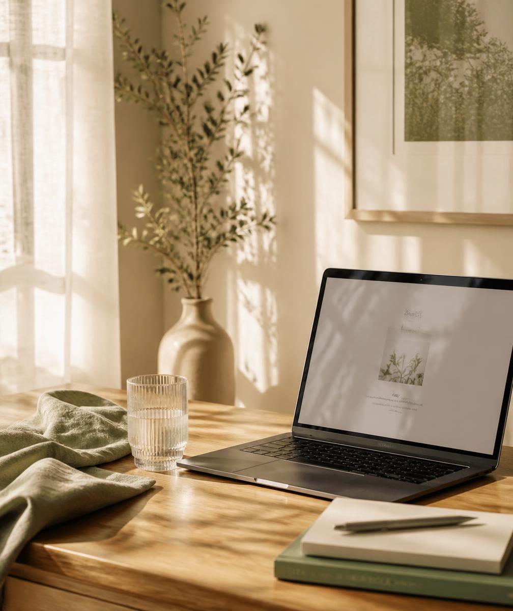 Laptop and a glass of water on a sunlit table at home
