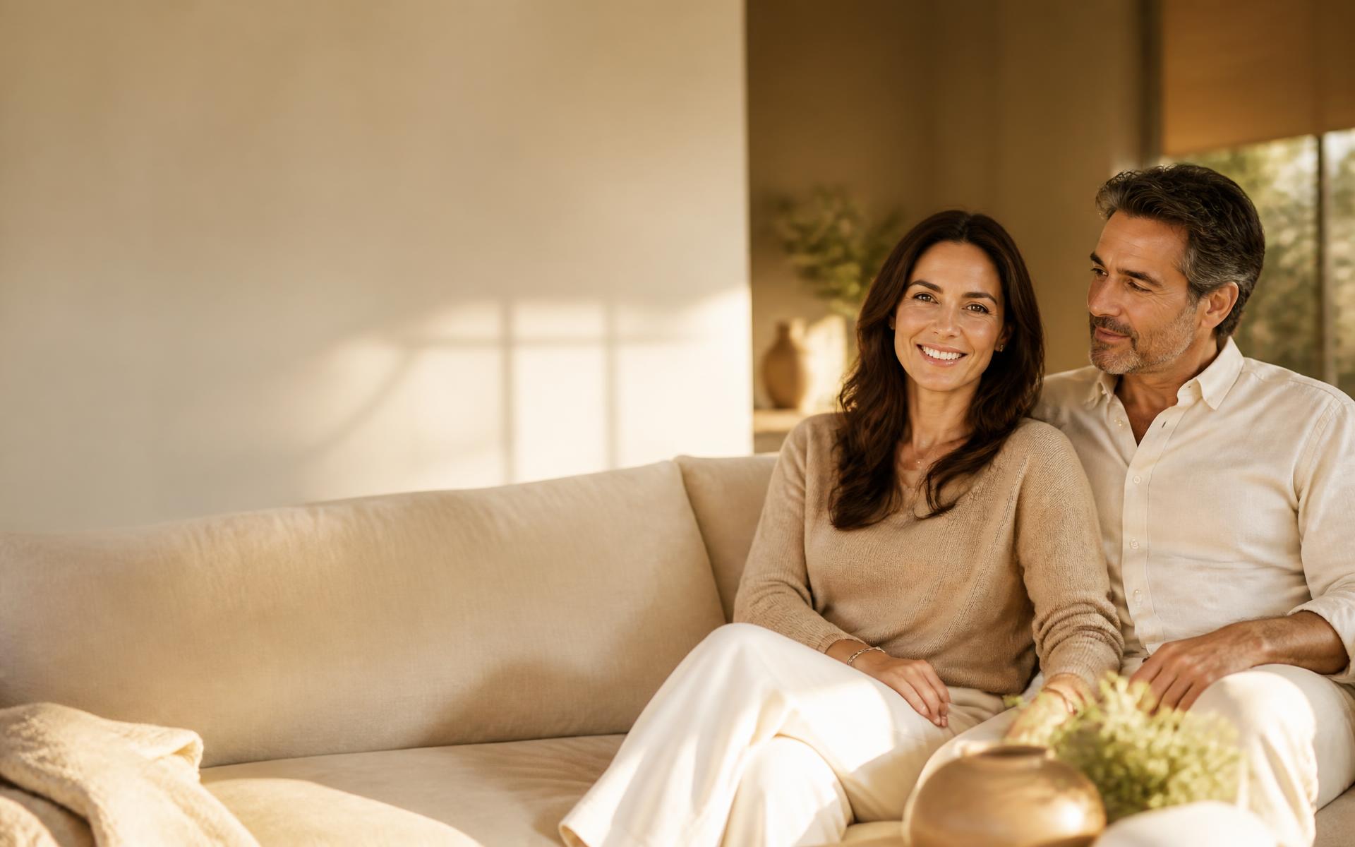 A woman smiling warmly at the camera beside her partner in golden afternoon light at home