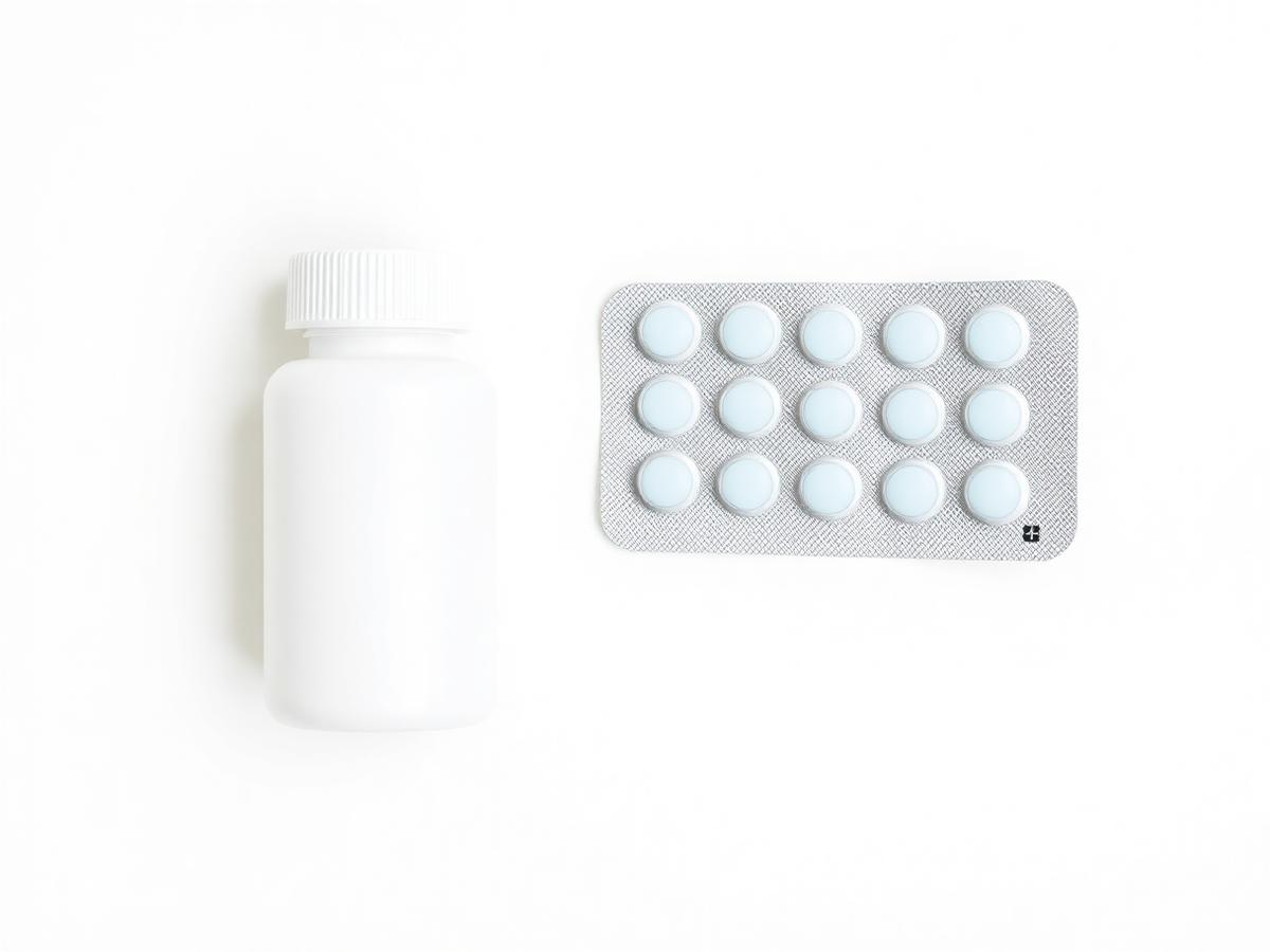 Plain white pharmacy bottle and unbranded blister pack of round generic tablets on a neutral background