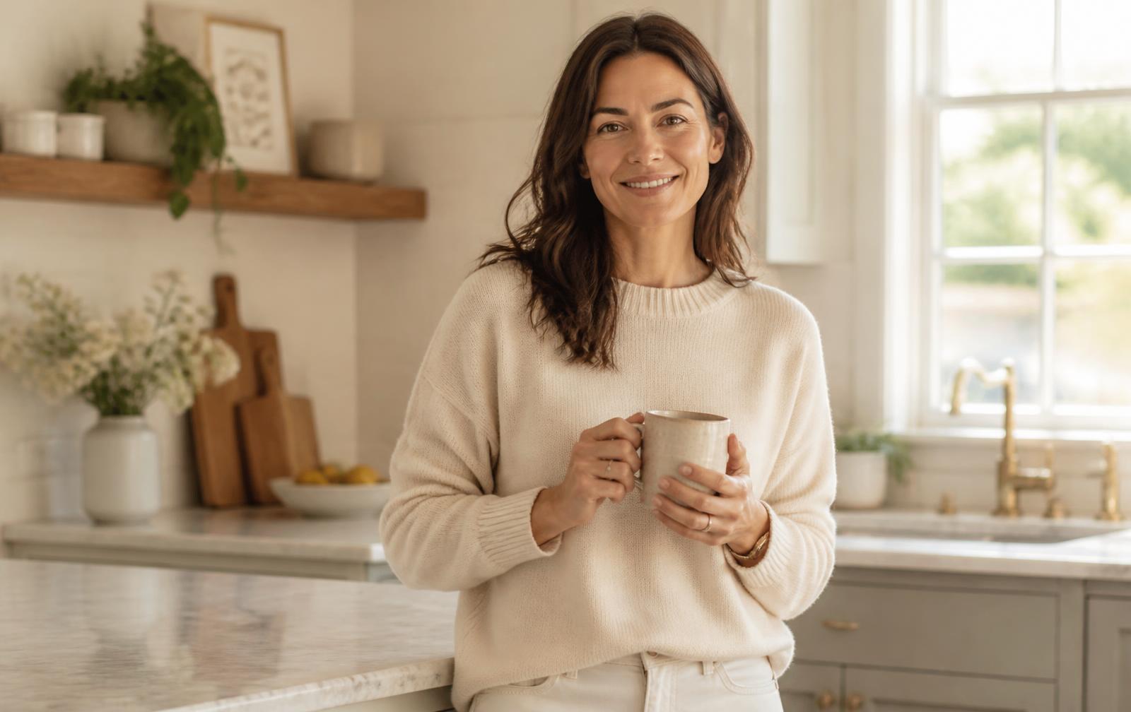 Woman in a soft knit sweater holding a mug in a bright, sunlit kitchen